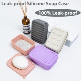 2PC Portable Leakproof Travel Soap Case, Silicone Travel Soap Case, Compact Soap Holder with Drainage Layer, Travel Soap Holder for Camping, Gym, Outdoor (Light-Purple&Rice-White)