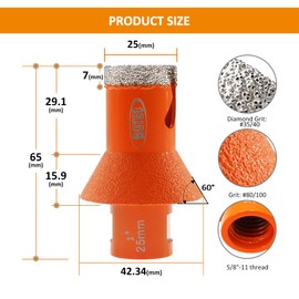 BGTEC Diamond Core Drill Bits-Chamfer Bit, 1"(25mm) x 5/8"-11 Thread for Drilling Holes Chamfering Enlarging Grinding Trimming Porcelain Tile Granite Marble Stone