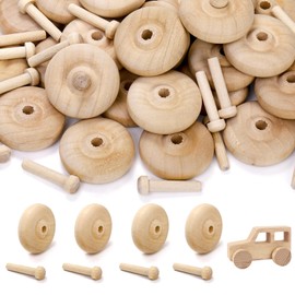 SOUJOY 72 Pack Wooden Toys Car Wheels and Sticks for Craft, 1.5'' x 1/2'' Toy Car Wheels, Mini Wooden Axle and Wheel Set for Crafts DIY Toy Cars Models Painting Colors Wood Working Pegboards