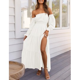 ZESICA Women's 2025 Boho Sexy Off Shoulder Long Sleeve Smocked High Waist Side Split Flowy A Line Tiered Long Maxi Dress,White,Small