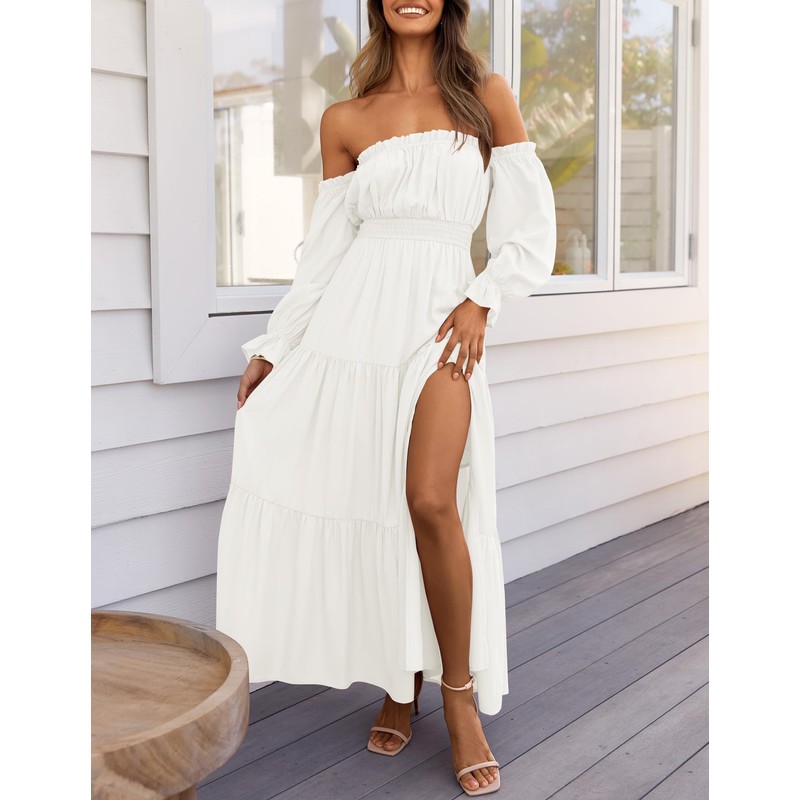 ZESICA Women's 2025 Boho Sexy Off Shoulder Long Sleeve Smocked