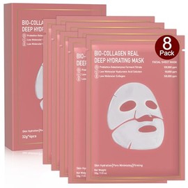 Mascarilla Facial Hidratante Nocturna Bio-Collagen Real Deep Mask, Paquete De 8 Unidades, Apta Para Todo Tipo De Pieles, Mascarilla Facial Hidratante