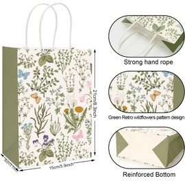  Generic AnyDesign 24Pcs Vintage Wildflowers Paper Gift Bags Green Wild Floral Party Favor Bags with Handles Decorative Goodie Candy Treat Bags for Spring Party Supplies