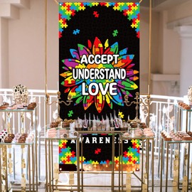 Sunwer Autism Awareness Door Cover Puzzle Piece Accept Understand Love April Decoration Sunflower Front Porch Sign Backdrop Banner