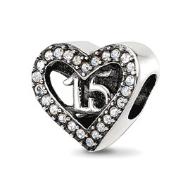 JewelryWeb 12.73mm 925 Sterling Silver Polished Artisan Oxidized Reflections Crystals Quinceanera Love Heart Bead-Bead Charm Pendant Necklace for Women