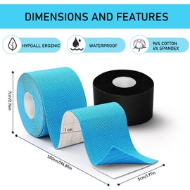 ZSMJAER Kinesiotapes, 2 Kinesiology Tape Rolls, 5 m x 5 cm, Sports Tape for Muscles, for Knee, Shoulder and Elbow, Waterproof and Elastic for Sports (Blue/Black)