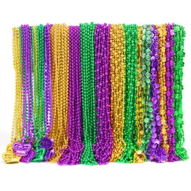 Becfupo 150 Pcs Metallic Mardi Gras Beaded Necklaces Bulk, Purple, Gold, Green, Unisex Adults, Mardi Gras Bead Necklaces