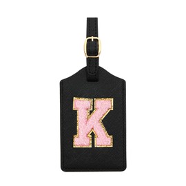 Initial Luggage Tag, PU Leather Luggage Tag, Embroidered Luggage Tag, Letter Luggage Tag, Monogrammed Luggage Tag, Luggage Tag for Baggage Bag Suitcase (K, Black Leather+Pink Letter)