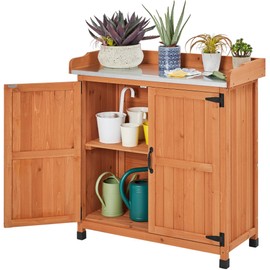 Topeakmart Potting Bench Table - Wooden Storage Cabinet with Removable Shelf & Flexible Space & Metal-Plated Tabletop for Outdoor Garden Patio,Brown
