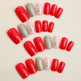 Christmas Press on Nails Short Square Press on Christmas Nails with Designs Red Gold Glitter Acrylic Gel Fake Nails Kit Full Cover Natural Fit False Nails with Glue Cute Reusable Stick on Nails 24PCS
