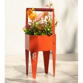 AZADESJET Planter with Stand, Metal 2 in 1 Portable Planter with Grow Bags & Handle, Stable Stylish Indoor Plant Pots with Stand, Modern Flower Pot Outdoor, 7.5'' x 17.3'', Orange, Plant Not Included