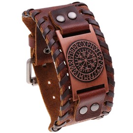 Aroncent 1/2/3/4 Leather Bracelet Bangles for Men, Adjustable Wide Men's Bracelet Retro Wrap Bracelet Surfer Bracelet, Brown Black, Stainless Steel