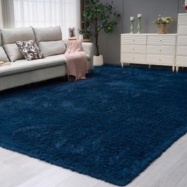 POEMLAND 8×10 Soft Fluffy Living Room Area Rugs,Modern Indoor Navy Blue Shag Bedroom Non-Slip Rug,Super Comfy Furry Shaggy Floors Carpet Kids Room Nursery Dorm Home Decor