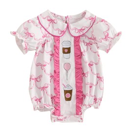 Filgriox Newborn Baby Girl Romper Bow Embroidery Peter Pan Collar Short Sleeve Bubble Bodysuit Summer Clothes (Coffee Pink, 6-12 Months)