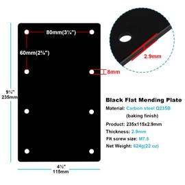 4 PCS 9¼"L x 4½"W Black Flat Straight Mending Bracket Plate, Steel Joint Thickness 2.9mm, Flat Mending Repair Tie Plate Corner Brace for Furniture, Wood Timber Connectors, Screws not Included