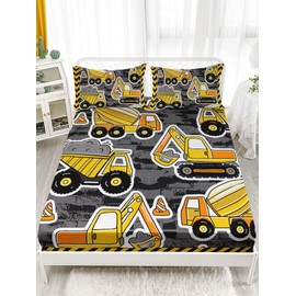 Datura home Construction Truck Sheet Set 4Pcs Cartoon Excavators Machinery Vehicles Tractor Printed Sheet Set with 1 Flat Sheet and 1 Fitted Sheet + 2 Pillowcases for Boys (Truck Yellow Full)