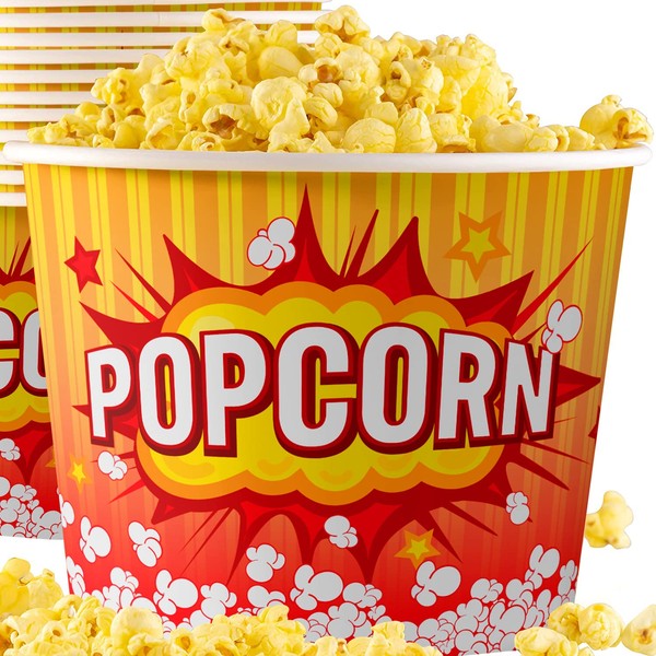 Greaseproof, Retro 85oz Popcorn Buckets 12 Pack. Reusable and Durable Pop Corn Tubs in Red Yellow. Large Disposable Containers Perfect For Movie Night, Theme Party, Theater, Carnivals & Fundraisers