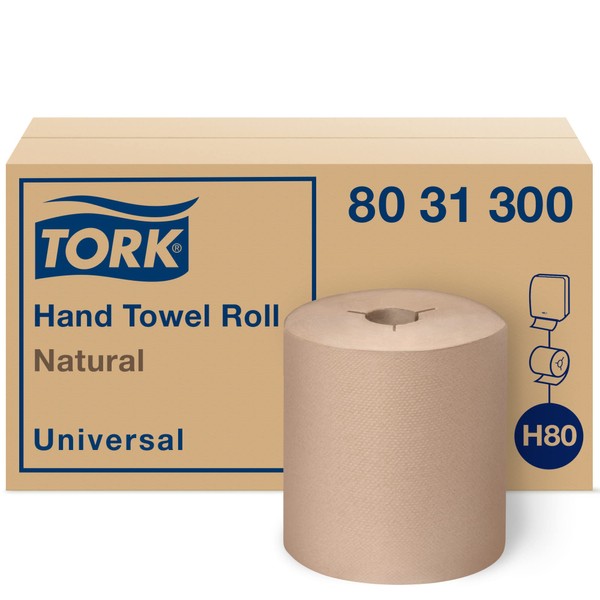 Tork Hand Towel Roll Natural H80, Universal, 100% Recycled Fiber, 6 Rolls x 800 ft, 8031300