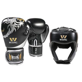 WESING Martial Arts Headgear Gloves Set Boxing Headgear 10oz Boxing Gloves for Men Women Kickboxing Sparring Training (Black, XX-Large)