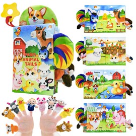 Farm Crinkle Books for Babies with 10 Finger Puppets Set, Touch and Feel Cloth Soft Farm Animal Tail Book with BiBi & Teething Toy, Puppets for Kids Ages 4-8, Baby Shower Birthday Gifts