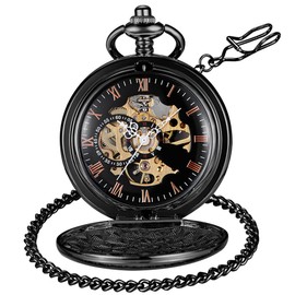 Tiong Vintage Smooth Steel Skeleton Black Mechanical Classic Steampunk Roman Numeral Men's Pocket Watches for Men with Chain