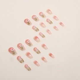 Press on Nails Medium Square Fake Nails Full Cover Acrylic Nails Glitter False Nails with Designs Flower Stick on Nails Spring Glue on Nails for Women and Girls Nail Art Decorations 24Pcs