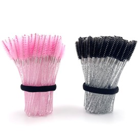 BIDEX 200 Pcs Disposable Mascara Wands, Spiral Lash Brush Applicators with Crystal Handles, Lash Spoolies for Eyelash & Eyebrow Makeup, Makeup Brush Tools in Black and Pink