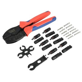 Electraline 59232 PV Panel Clamp and Connector Kit, Solar Crimping Pliers for Cables with 2.5-4-6mm Section, 6 x MC4 Full Connectors (Male+Female+Terminal), 2 Keys, and Zip Bag