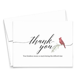 Thank You Sympathy Cards Cardinal Funeral Thank You Notes with Envelopes (FOLDED, Blank Inside), Funeral Sympathy Thank You Notes, Your Choice of Quantity and Envelope Color