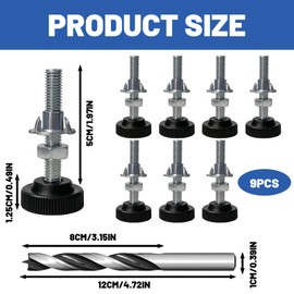 Pack of 8 Adjustable Furniture Feet, M8 x 50 mm, Adjustable Feet, Adjusting Screws, Height Adjustable with Drive-in Nuts, Lock Nuts and Metal Drill - Levelling Feet for Furniture, Cabinet, Table