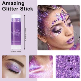 2 Pcs Body Glitter Stick, Face Glitters Gel Chunky Sequins, Glitter Makeup for Body, Eyes, Lips, Hair, Nails, Long-Wear Waterproof, Mermaid Shimmer Festival Rave Party Accessories for Women-06 Purple