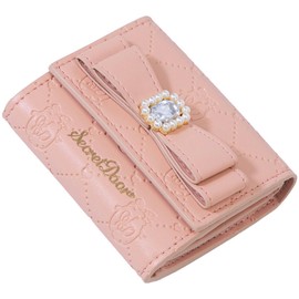 SecretDoor Trifold Wallet, Mini Wallet, Small, Card, Box Coin, Bill Holder, Bijou, Ribbon, Pearl, Embossed Pattern, All Pattern, Pink