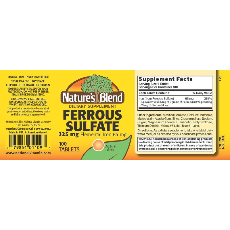 Nature's Blend Ferrous Sulfate 325 mg Mineral Supplement 100 Tablets
