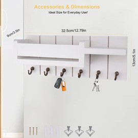 wocpvm Wall Mounted Key Hooks, 6 Crochets, Porte-Clés + Étagère Key and Letter Holder for Wall Mounting, Letter Holder, Key and Mail Holder, Pour Hall d'Entrée, Chambre, Bureau (White)