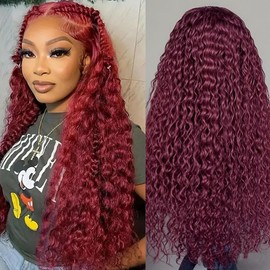 99j Burgundy Lace Front Wigs Human Hair 13x6 Deep Wave Lace Front Wigs Human Hair Pre Plucked 200 Density HD Transparent Wet and Wavy Red Color Curly Wig Human Hair for Women with Baby Hair 18 Inch
