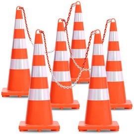 DWVO Safety Cones 36 Inch (6 Pack), with 16.4FT Chain and Ring, PVC Orange Traffic Cones 36 Inch with Base, 36 Inch Cone for Parking, Road Cones