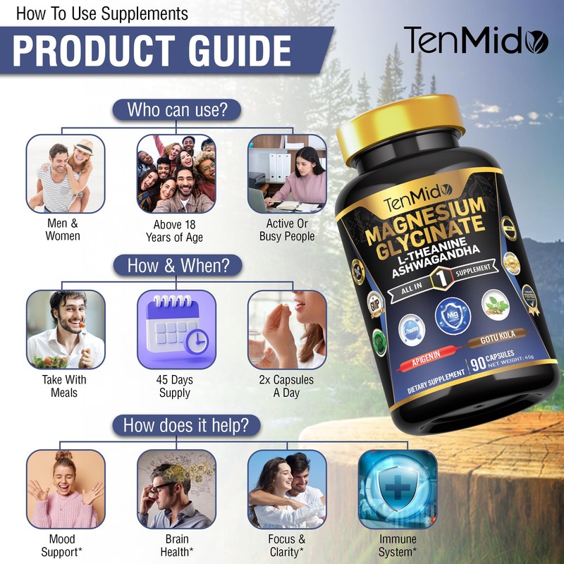 Tenmido Magnesium Glycinate Supplement - 6in1 with Ashwagandha, L-Theanine, Apigenin,