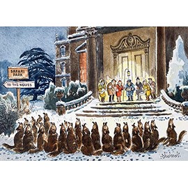 Cartoon Vintage Humour Christmas Card featuring Wolves Singinging outside Stately Home Safari Park - could be Woburn or Longleat. The Carol Singers by Thelwell