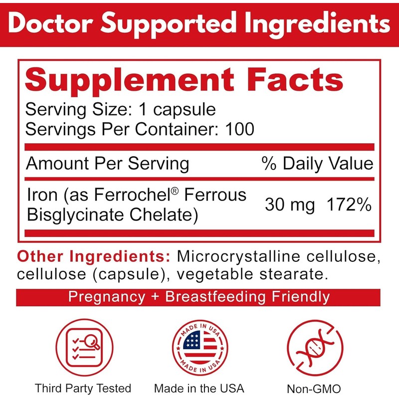 Reacted Iron - Iron 30mg (Ferrous Bisglycinate 325mg) for Red