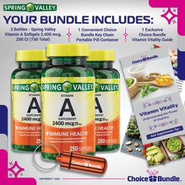Choice Bundle Spring Valley Vitamin A Supplement 2400 mcg per Softgel 250 Ct 3 Pk (750 Total) + Plus Vitamin Guide and Pill Container (5 Items)!