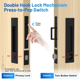 Dontay Pocket Door Hardware with Lock Privacy,Recess Edge Pull,Matte Black | Fit 1 3/8'' Sliding Bath Doors,Invisible Heavy Duty Rectangular Finger Handle,2 3/8'' Center Latch,Grip Ring,Hidden Screw