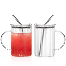 KEMORELA 2 Pack Fine-Ribbed Glass Tumblers with Handle and Lid – 1000ml / 34oz Iced Coffee Cups with Reusable Straws – Large Clear Glass Mugs for Smoothies, Juice, Cold Brew & Daily Drinks