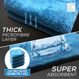 Microfibre Car Drying Towel Thick, Super Absorbent, Lint Free 40cm x 40cm Microfiber Cloth Car - Perfect Addition to your Car Washing, Drying, Detailing and Polishing (Pack of 4)