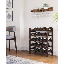 SONGMICS 30-Bottle Wine Rack, 5-Tier Freestanding Floor Bamboo Wine Holder, Display Stand Shelves, Wave Bars, Espresso UKWR25BR