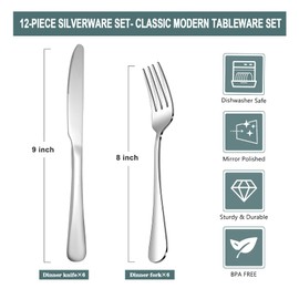 SANTUO 24 Pcs Silverware Set with 12 Dinner Knives and 12 Dinner Forks,Flatware Set with Top Food Grade Stainless Steel,Tableware Cutlery Set For Home Restaurant Hotel, Mirror Finish, Dishwasher Safe