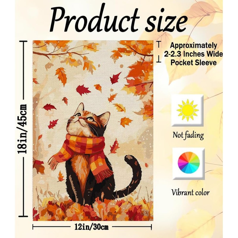 Cat Fall Garden Flag 12x18 Inch Double Sided,Maple Leaves Thanksgiving