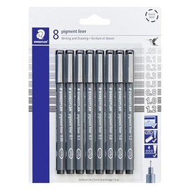 STAEDTLER - Rotulador de pigmento, color negro, 8 bolígrafos, anchos de línea surtidos, 0.05 mm, 0.1 mm, 0.2 mm, 0.3 mm, 0.5 mm, 0.8 mm, 1.0 mm, 1.2 m