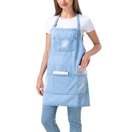 Cotton Denim Adjustable Bib Apron with 5 Pockets Cooking Kitchen Aprons Women Men Fashionable Denim Jean Apron for Cafes Lounge Bars Kitchens