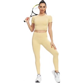 2 Piece Short Sleeve Outfits for Women Seamless Crop Tops Set for Women Workout Set(8005S-Khaki)