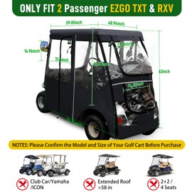 Cartalia Golf Cart Driving Enclosure 2 Passenger for EZGO TXT/RXV, Rain Drivable Cover Golf Cart 2 Seater 4 Sided Roll Up Clear Windows, Durable Zippers Open Side Mirrors - Black (Black)